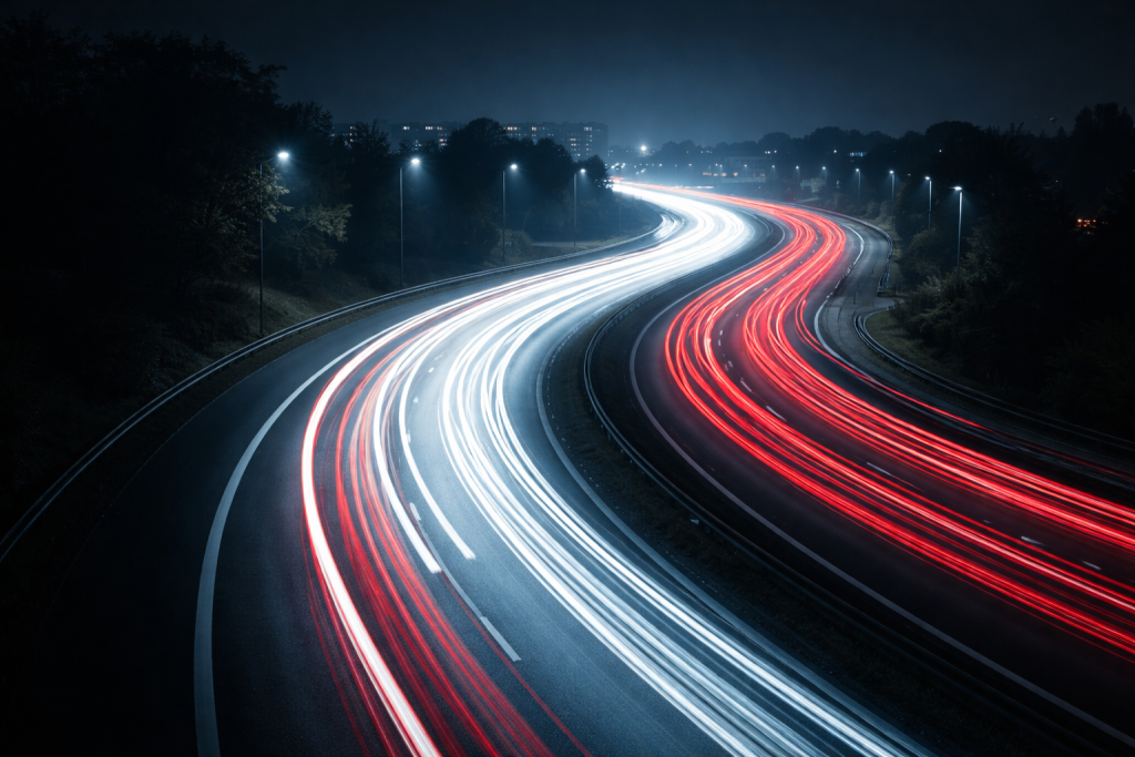 [dark] Stemningsfuldt, mere abstrakt billede til mission/vision, der symboliserer fremtidens mobilitet: lang eksponering af billys på vej om aftenen set fra oven, fokus på bevægelse og udvikling.