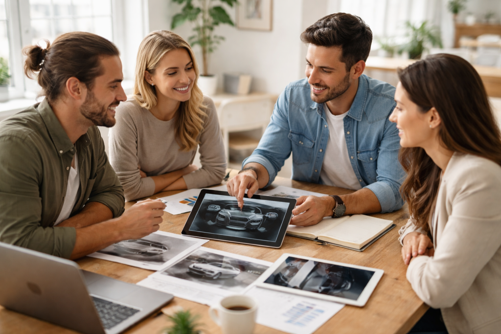 [light] Billede til “Om os” med et lille dansk redaktionelt team omkring et bord med laptops, skitser og bilmagasiner – afslappet, autentisk arbejdssituation med fokus på samarbejde og faglighed.