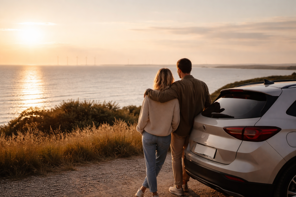 [light] Lifestyle/atmosfære-billede, der viser glæden ved bil og mobilitet i hverdagen: par eller lille familie ved parkeret bil ved dansk kyst eller udsigtspunkt i blødt aftenslys.