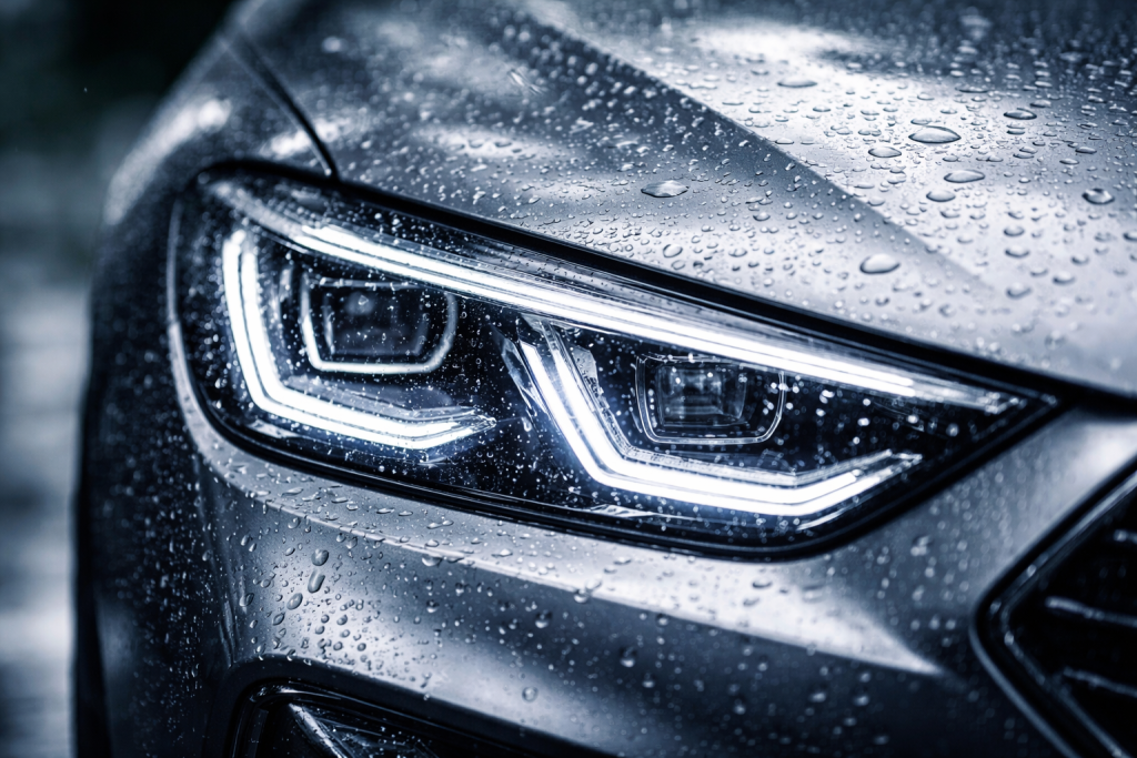 [dark] Close-up detaljeskud til featuresektion: makrobillede af moderne bilforlygte og karrosseri med regndråber, fokus på præcision, kvalitet og teknologi.