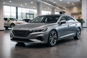 [light] Billede til sektion om bilnyheder og nye modeller: udstillingshal med flere nye biler, fokus på én bil i forgrunden og rene linjer, professionelt showroom-miljø.