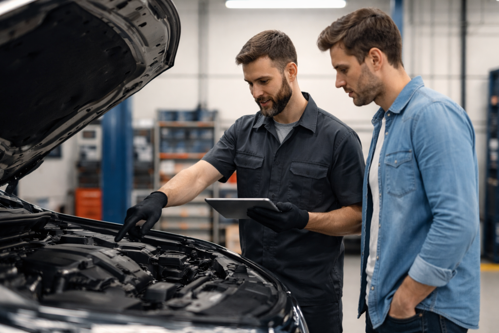 [light] Billede til sektion om guides og vedligeholdelse: mekaniker og bilejer ved åben motorhjelm i et rent værksted, fokus på forklaring og læring fremfor hårdt arbejde.