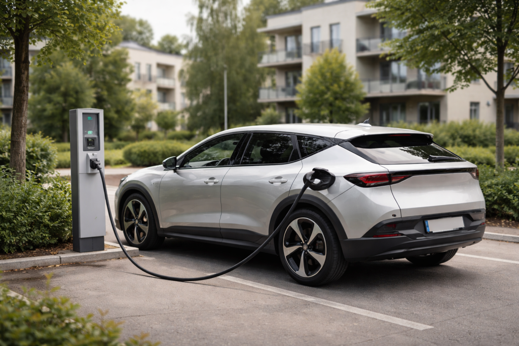 [light] Billede til sektion om elbiler og bilteknologi: elbil ved ladestander i et dansk boligområde med grønne omgivelser, fokus på opladning og hverdagsbrug.