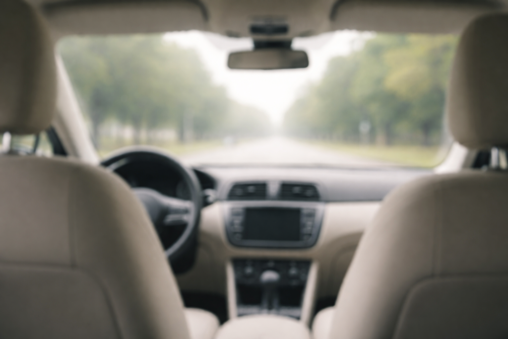 [dark] Roligt baggrundsbillede til testimonials: interiør af moderne bil set fra bagsædet frem mod forruden på en stille vej, blød bokeh og fokus på atmosfære.